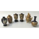 FIVE EARLY 20th CENTURY MINIATURE JAPANESE SATSUMA VASES of various designs, all with character