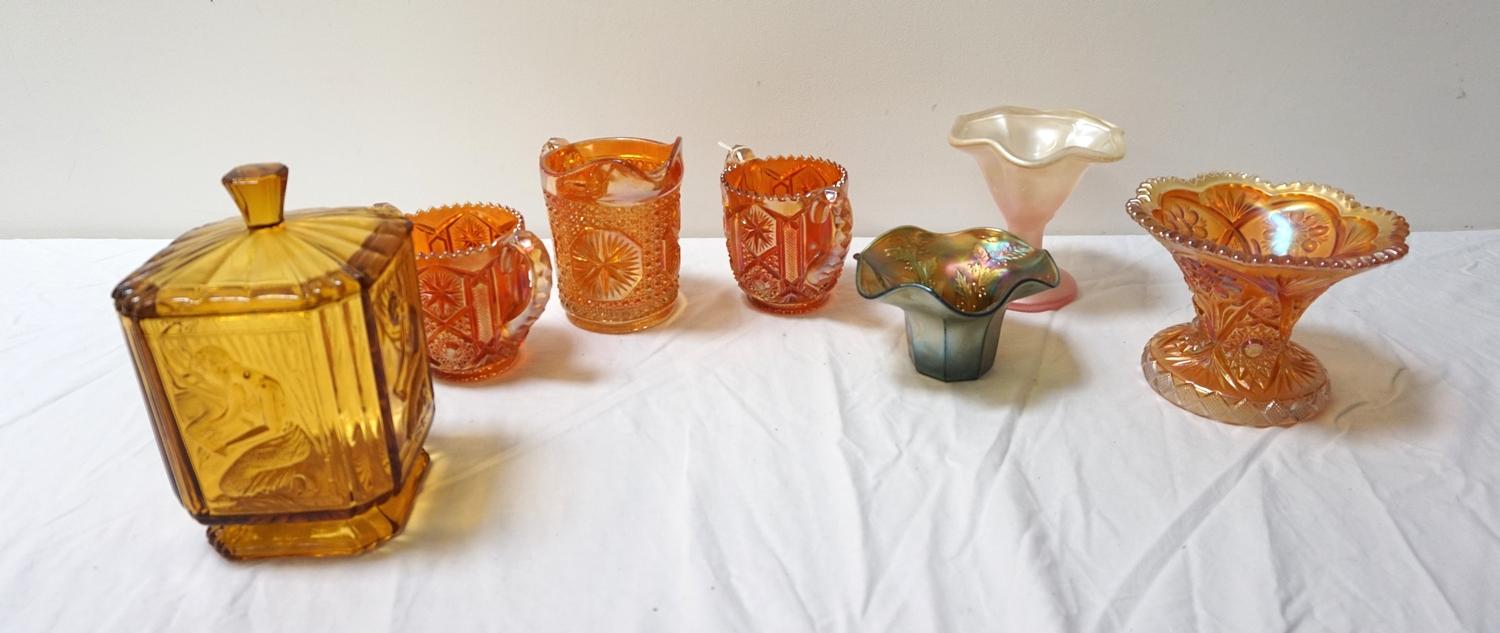 SELECTION OF CARNIVAL AND OTHER GLASS including a pair of orange lustre two handled mugs with