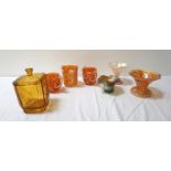 SELECTION OF CARNIVAL AND OTHER GLASS including a pair of orange lustre two handled mugs with