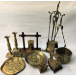 SELECTION OF BRASSWARE including an Arts and Crafts tray with entwined motif decoration; a fire