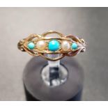 TURQUOISE AND SEED PEARL FIVE STONE RING on nine carat gold shank, ring size O