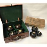 SET OF FOUR GEO. MACKAY EDINBURGH LAWN BOWLS contained in a leather case, initialled HBH; together