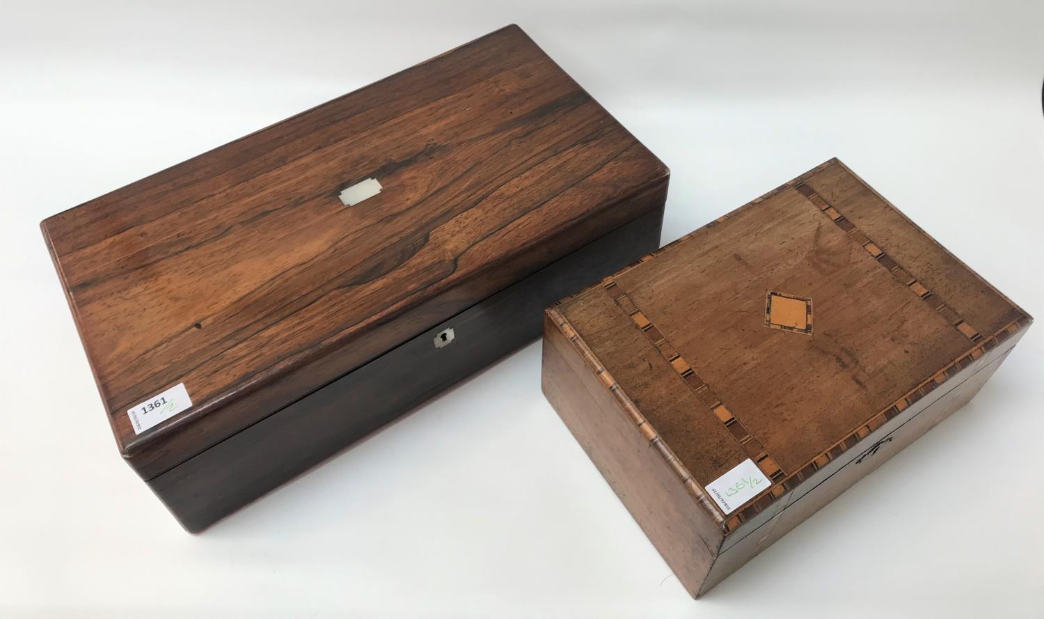 VICTORIAN ROSEWOOD WRITING SLOPE with an inset mother of pearl plaque to the lid, with a fitted