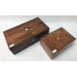 VICTORIAN ROSEWOOD WRITING SLOPE with an inset mother of pearl plaque to the lid, with a fitted