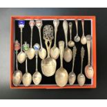 COLLECTION OF SILVER SPOONS including various souvenir spoons, some with enamel decoration, many 800