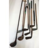 SELECTION OF EIGHT VINTAGE GOLF CLUBS some marked, including 'Special Putter. Archie McNab,