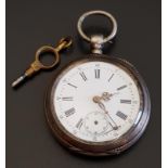 FRENCH SILVER CASED POCKET WATCH the white enamel dial with Roman numerals and subsidiary seconds