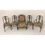 SET OF FIVE EDWARDIAN MAHOGANY DINING CHAIRS each with a shaped and carved top rail above a