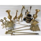 BRASS COMPANION SET comprising a poker, tongs and shovel with turned finials, pair of baluster brass