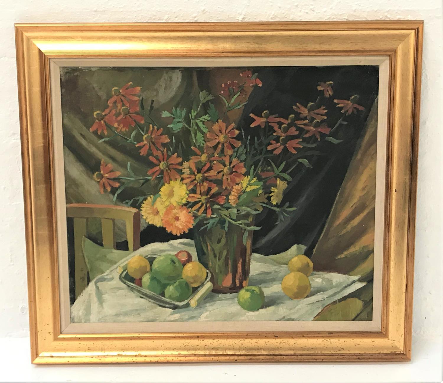 NORMAN YOUNG Still life of flowers and fruit, oil on board, signed and dated 1949, 61.5cm x 74cm