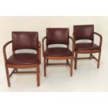 SET OF THREE ELM OPEN ARMCHAIRS with shaped backs with decorative stud detail above shaped arms with