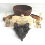 MIXED LOT OF COLLECTABLES including an ebonised shaped stand applied with three elephants, two Roman