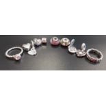 SELECTION OF PANDORA SILVER CHARMS AND RINGS comprising two rings - November Birthstone and Romance,