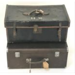 CANVAS COVERED SMALL TRUNK with a leather carry handle to the lid and initialled 'H.S.' the interior