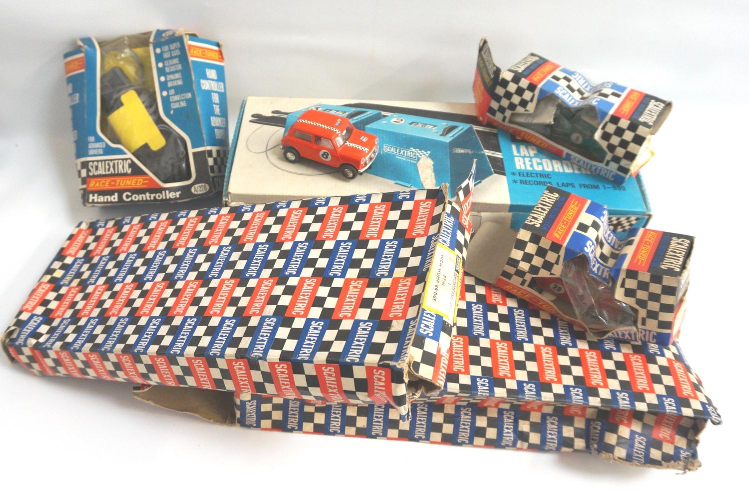 LARGE SELECTION OF VINTAGE SCALEXTRIC including track, a Fiat 600 car, a Rally Mini Cooper x2, a