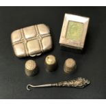 SELECTION OF SILVER ITEMS comprising an Edward VII silver mounted stamp box, the hinged lid inset