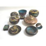 SELECTION OF CLOISONNE ITEMS including three circular lidded bowls decorated with dragons, two