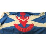 VINTAGE SALTIRE LINEN FLAG FOR THE QUEEN'S OWN HIGHLANDERS with red regimental badge above banner