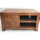TEAK SIDE CABINET with an oblong top above four offset drawers with two open shelves beside,