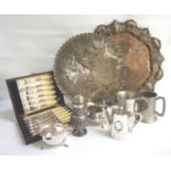MIXED LOT OF SILVER PLATE including a cased set of fish knives and forks, oval shaped galleried