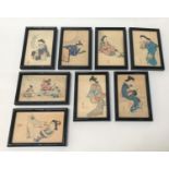 EIGHT JAPANESE WOODBLOCK PRINTS with seven depicting women in traditional dress and one depicting