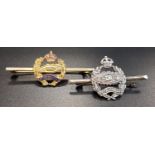 ROYAL TANK CORPS SILVER SWEETHEART BROOCH with 'Fear Naught' banner; and another in gilt with enamel