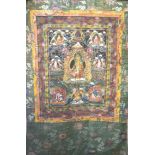 CHINESE TANGKAI PANEL with a central deity surrounded by eight other deities, encased by a coral,