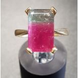 UNUSUAL WATERMELON TOURMALINE DRESS RING the emerald cut two tone tourmaline on eighteen carat