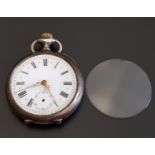 SILVER CASED POCKET WATCH the white enamel dial with Roman numerals, subsidiary seconds dial and