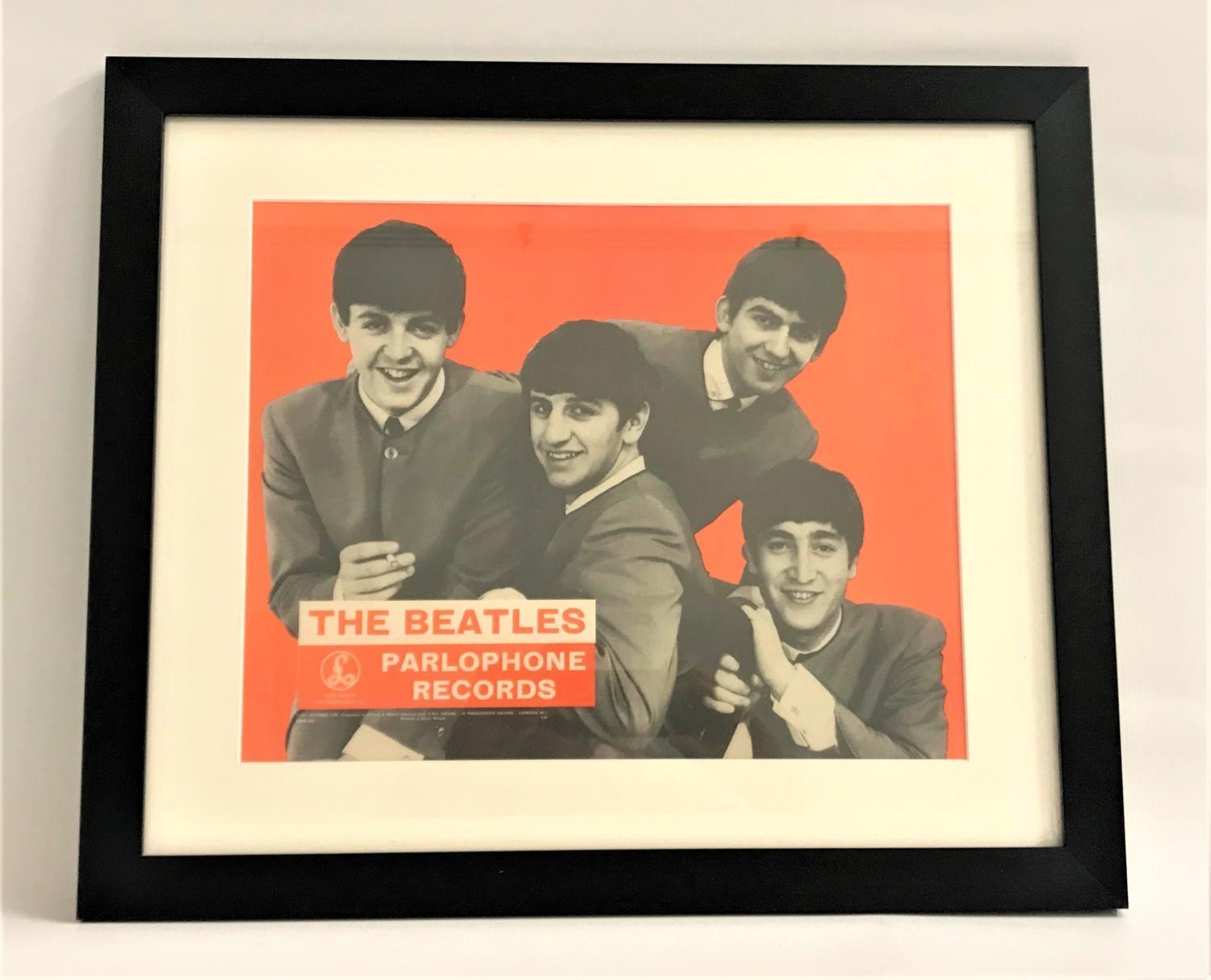 THE BEATLES PARLOPHONE RECORDS FRAMED PRINT the four band members against a bright orange