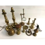 SELECTION OF BRASSWARE including a pair of Queen of diamonds candlesticks (converted to