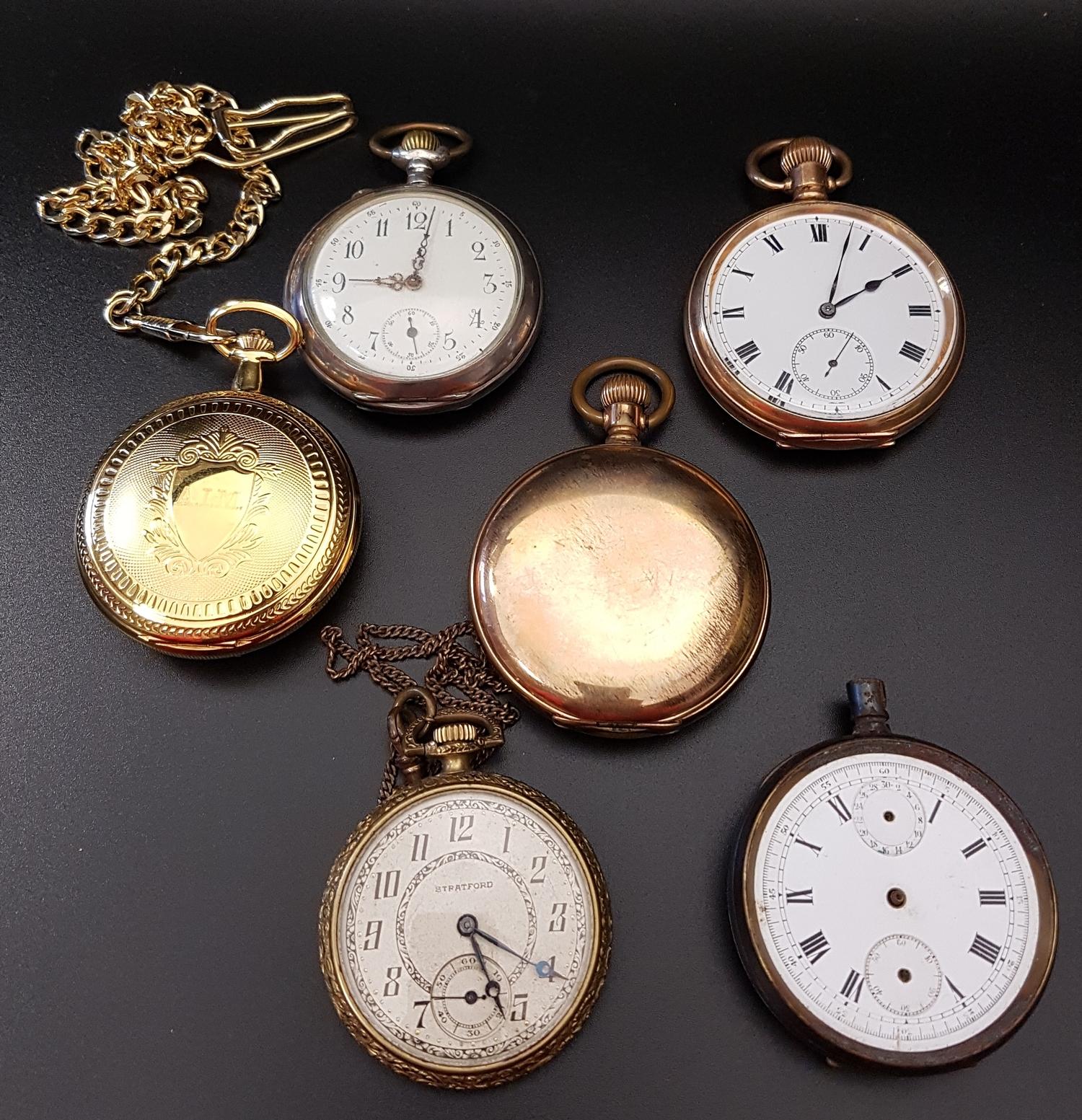 SIX VARIOUS POCKET WATCHES including a gold plate cased Elgin pocket watch, another with 800 mark to