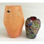 VASART GLASS VASE with crackle effect mottled orange glaze, with label, 24.6cm high; together with a