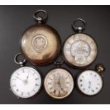 FIVE VICTORIAN AND LATER SILVER CASED POCKET AND FOB WATCHES comprising a full hunter pocket watch