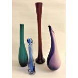 FOUR COLOURFUL GLASS VASES including a two tone pink and purple example with curved neck, 34.7cm