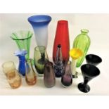 SELECTION OF COLOURFUL GLASSWARE including vases of various sizes, designs and colours and two pairs