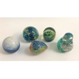 FOUR MDINA GLASS PAPERWEIGHTS including a Phoenician glass example, a glass bird and a glass egg;