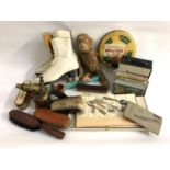 MIXED LOT OF COLLECTABLES including a set of ladies white leather ice skates, a brass hand help blow