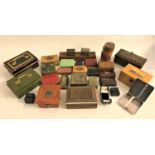 SELECTION OF VINTAGE TINS AND BOXES including metal money boxes, jewellery boxes, a Rowntree's