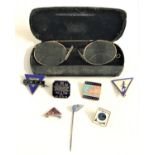 PAIR OF GOLD PLATED PINCE NEZ SPECTACLES with bifocal lenses, cased, together with seven enamel