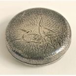 JAPANESE SILVER KOGO INCENSE BURNER of circular form with hammered decoration, the lid decorated