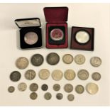 SELECTION OF WORLD SILVER COINS including a Canadian silver proof 5 Dollars coin commemorating the