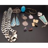 SELECTION OF SILVER JEWELLERY including a turquoise set pendant and ring, other pendants,