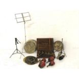 ONE MAN BAND INSTRUMENTS comprising symbols, Chinese style drum, Hawkes & Son xylophone, cow