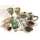 MIXED LOT OF SILVER PLATED WARES including teapot, hot water jug, two sugar bowls, two milk jugs,