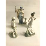 FIVE NAO PORCELAIN FIGURINES including a clown with a dog, 29cm high,; a young girl holding her