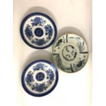 18TH CENTURY CHINESE BLUE AND WHITE PLATE decorated with birds and reeds, 28.5cm diameter;