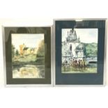 PATRICIA HAMILTON Castle by waterside and racing scene, watercolours, both signed, 36cm x 26cm and