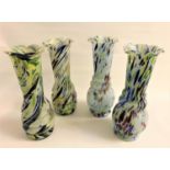 TWO PAIRS OF MURANO STYLE GLASS VASES the colourful mottled glass vases with frilly rims, all