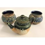 PAIR OF ROYAL DOULTON STONEWARE POTS with blue glaze and raised scroll decoration, 7cm high;